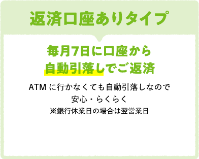 返済口座ありタイプ 毎月7日に口座から自動引落しでご返済