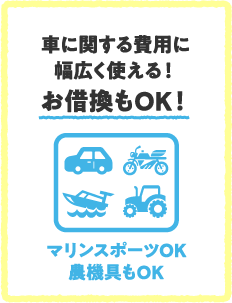 車に関する費用に幅広く使える！お借換もOK！マリンスポーツOK農機具もOK