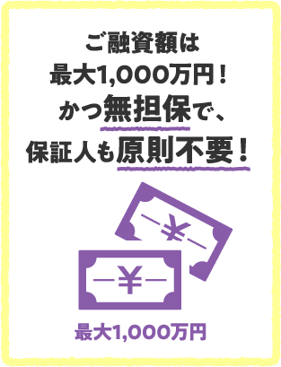 ご融資額は最大1,000万円！かつ無担保で、保証人も原則不要！