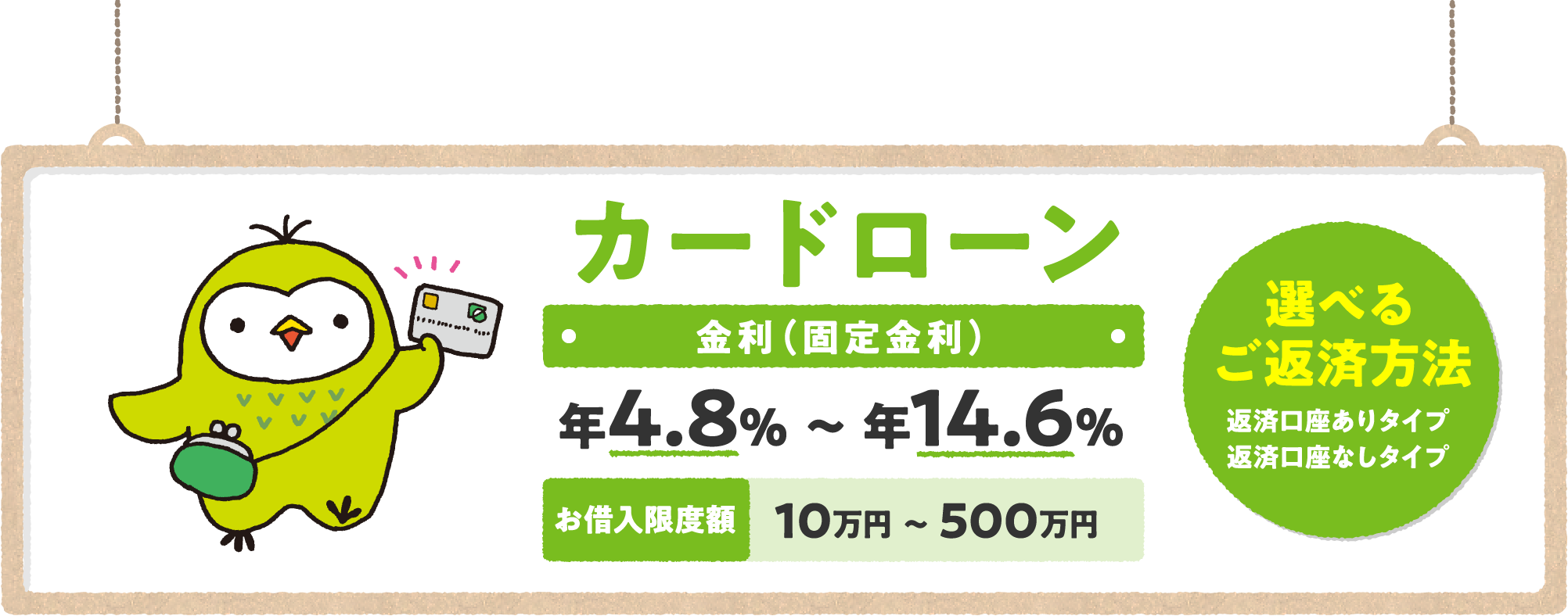 カードローン 金利（変動金利） 年4.8％～年14.6％ お借入限度額10万円～500万円 選べるご返済方法