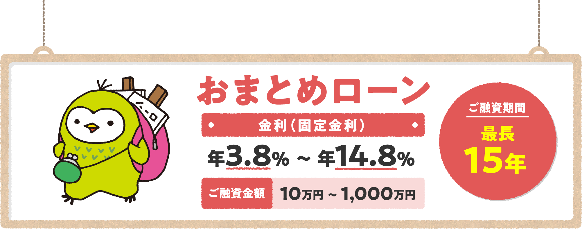 おまとめローン 金利（固定金利） 年3.8％～年14.8％ ご融資金額10万円～1,000万円 ご融資期間 最長15年