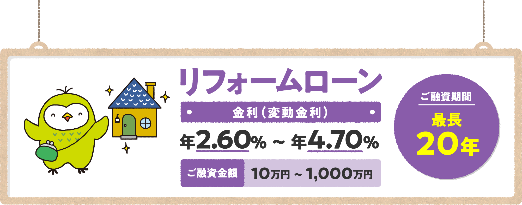 リフォームローン 金利（変動金利） 年2.2％～年4.3％ ご融資金額10万円～1,000万円 ご融資期間最長20年