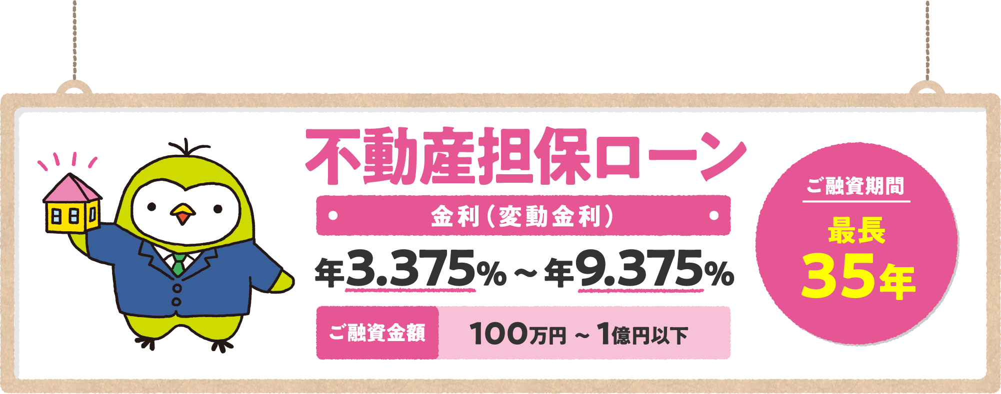 不動産担保ローン 金利（変動金利） 年2.975％～年8.975％ ご融資金額100万円～1億円以下 ご融資期間最長35年