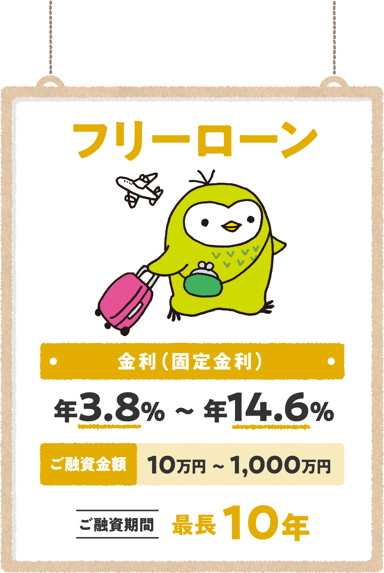 フリーローン 金利（固定金利） 年3.8％～年14.6％ ご融資金額10万円～1,000万円 ご融資期間最長10年