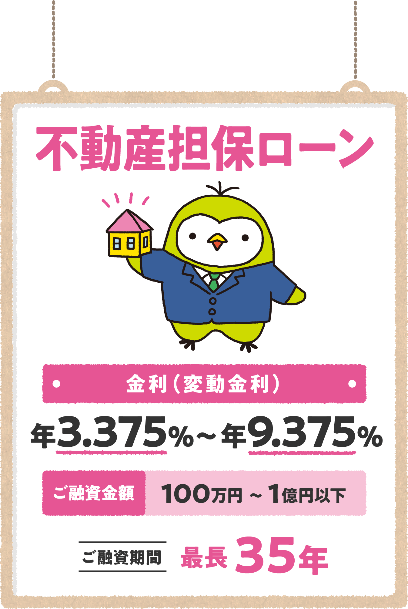 不動産担保ローン 金利（変動金利） 年2.975％～年8.975％ ご融資金額100万円～1億円以下 ご融資期間最長35年